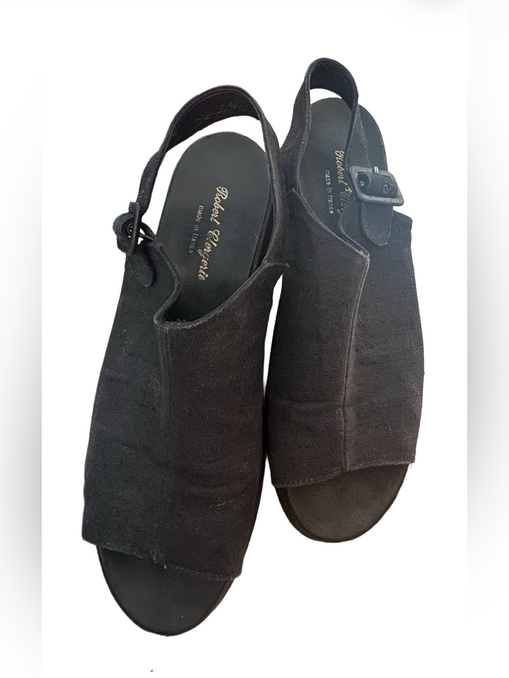 Vintage Linen Black Open-Toe Slingback Platform Sandals by Robert Clergerie